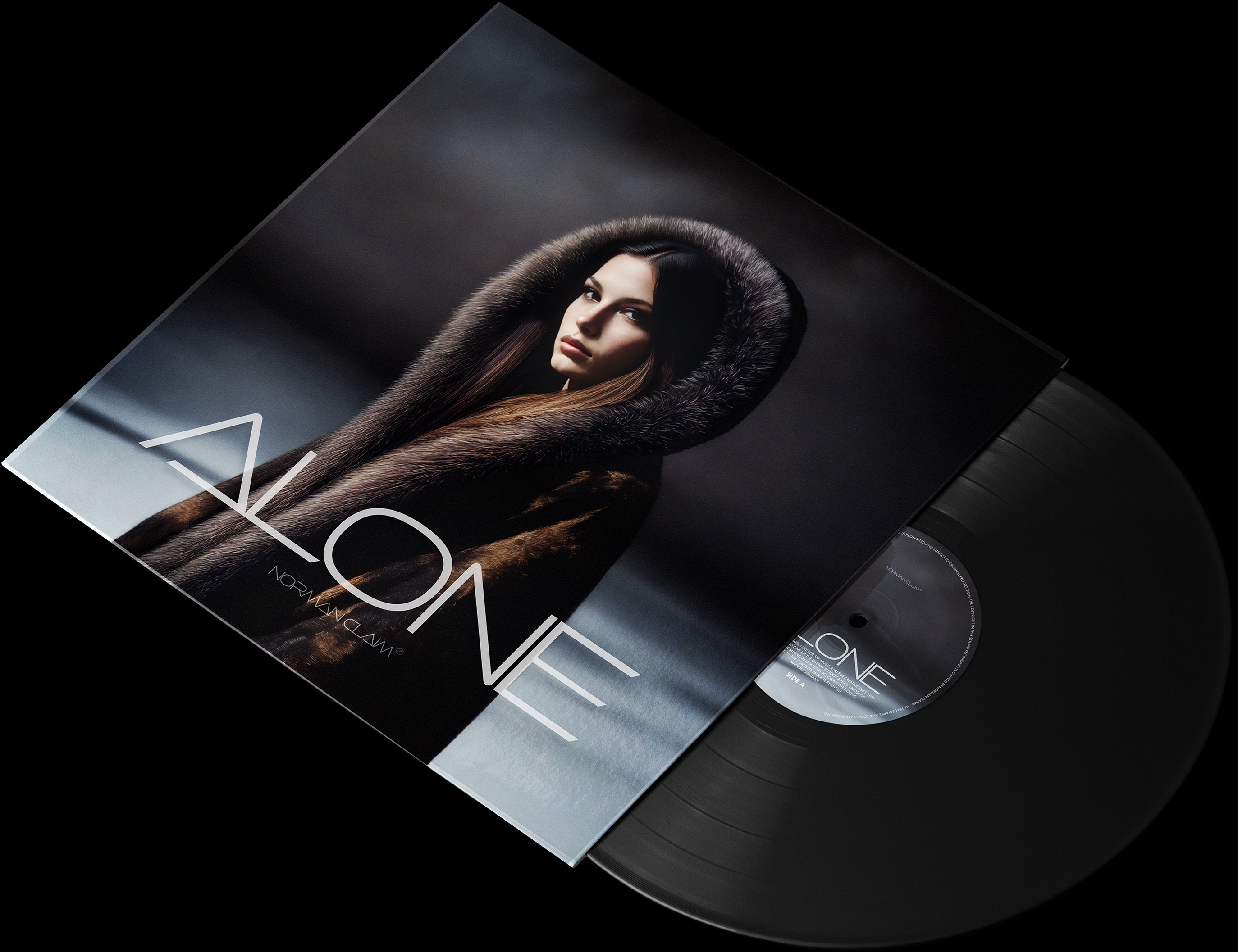 Cover Art - The image shows a beautiful woman wearing a dark fur coat that partially covers her long, dark hair. With her gaze directed at the camera, her eyes appear mystical and striking. The word “Alone” is written in large letters on the cover.