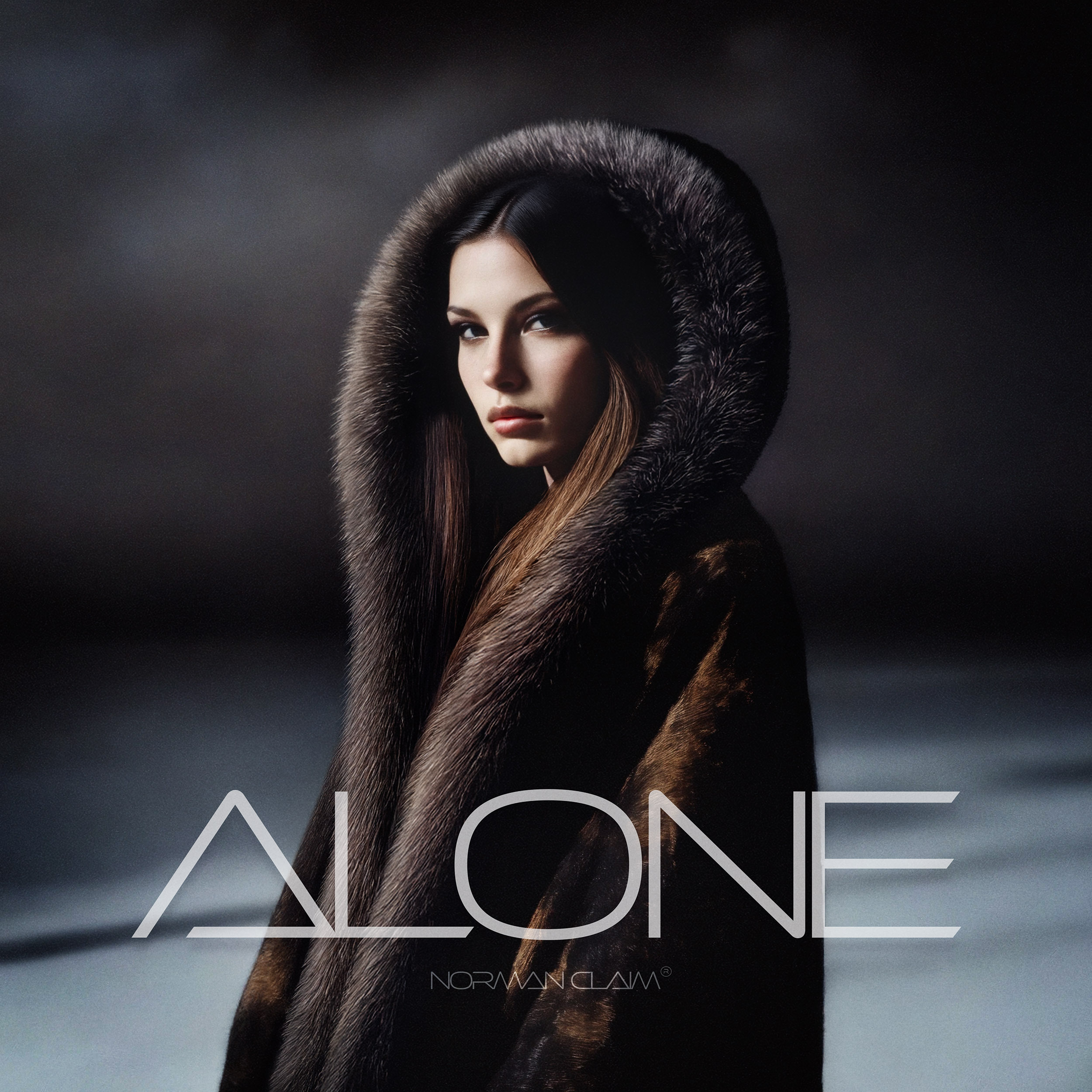 Cover Art - The image shows a beautiful woman wearing a dark fur coat that partially covers her long, dark hair. With her gaze directed at the camera, her eyes appear mystical and striking. The word “Alone” is written in large letters on the cover.