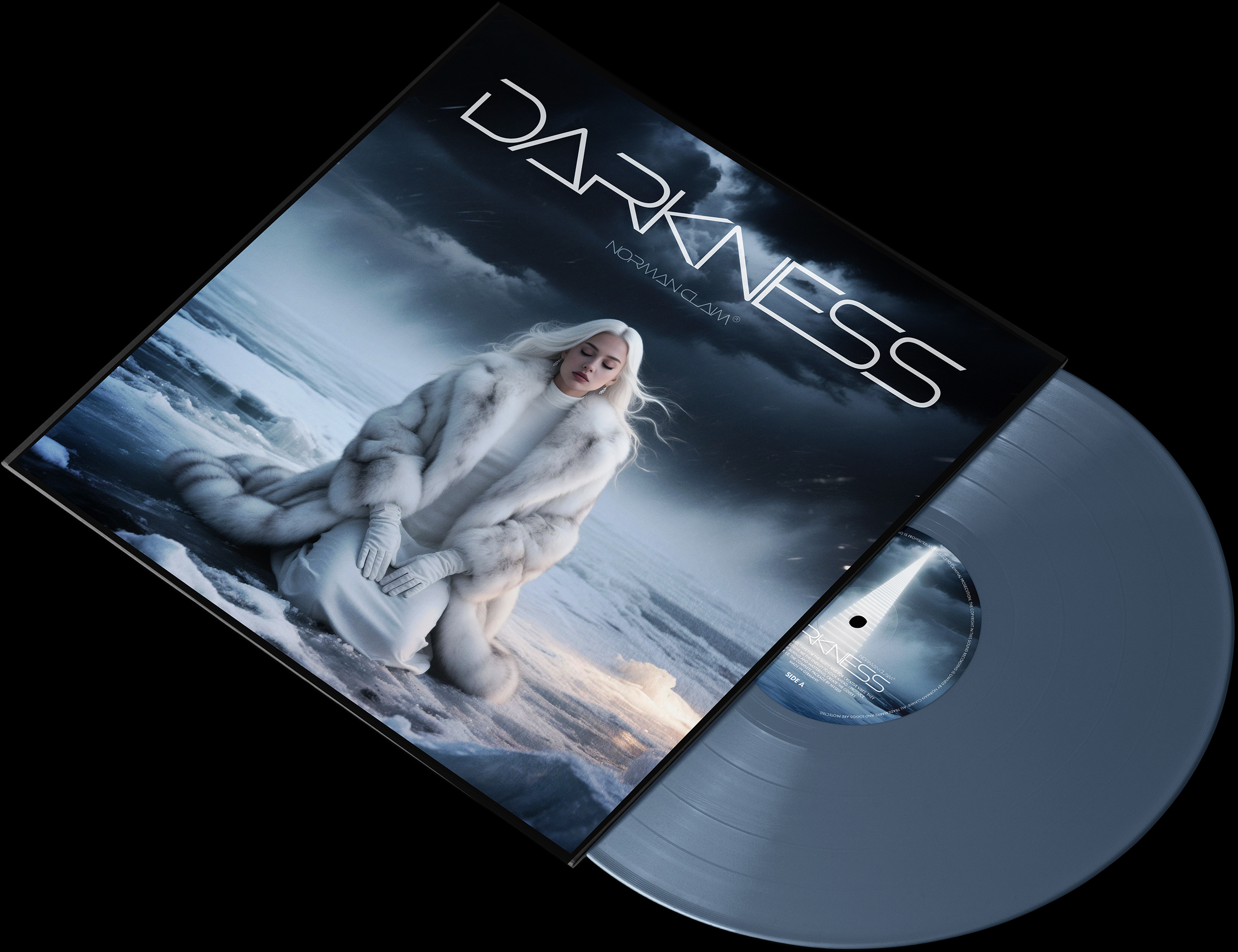 Cover Art - A beautiful woman with long white hair kneels on the frozen river. She is wearing a fur coat and has her eyes closed. Around her stretches a dark, misty ice landscape with dense gray clouds — mysterious and silent.