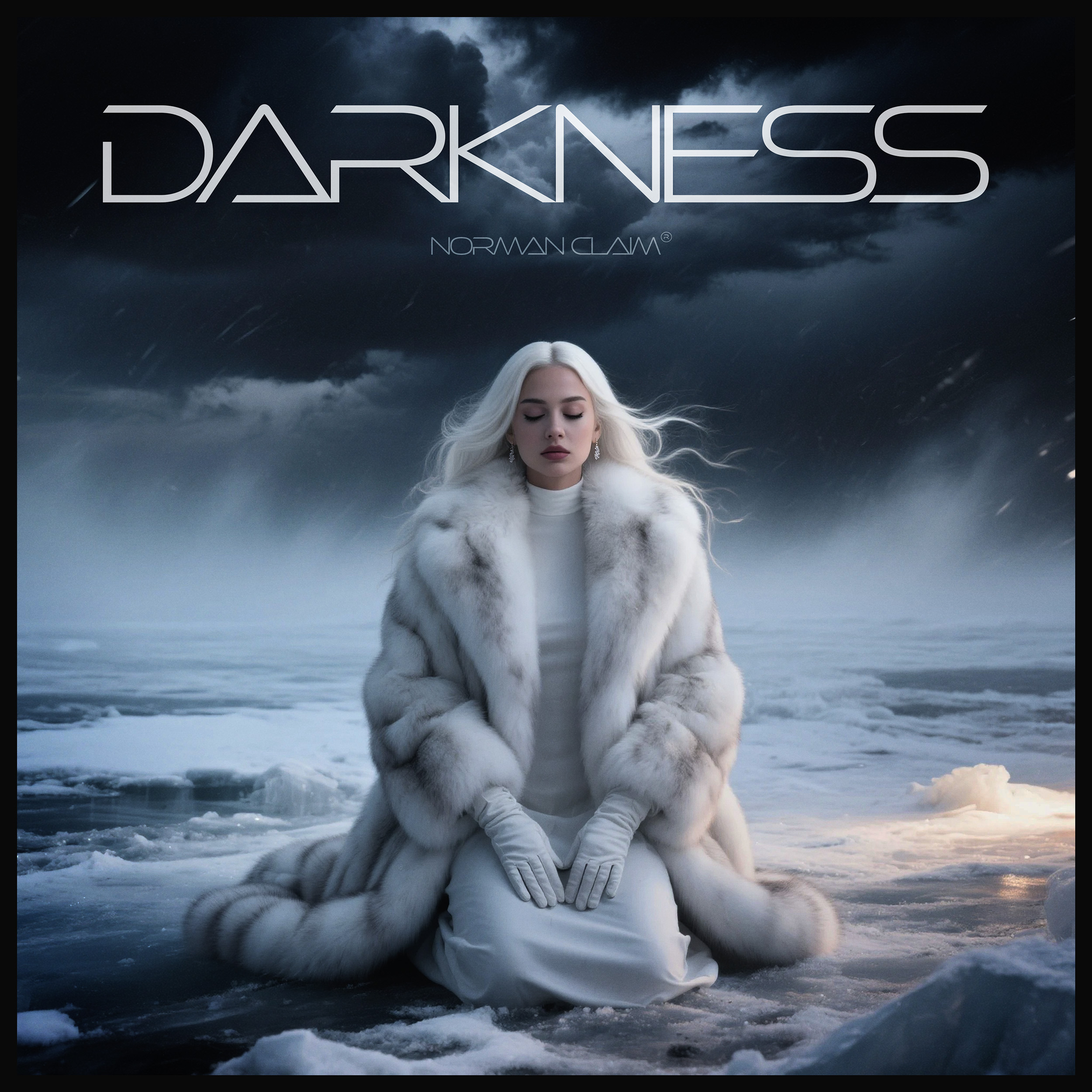 Cover Art - A beautiful woman with long white hair kneels on the frozen river. She is wearing a fur coat and has her eyes closed. Around her stretches a dark, misty ice landscape with dense gray clouds — mysterious and silent.
