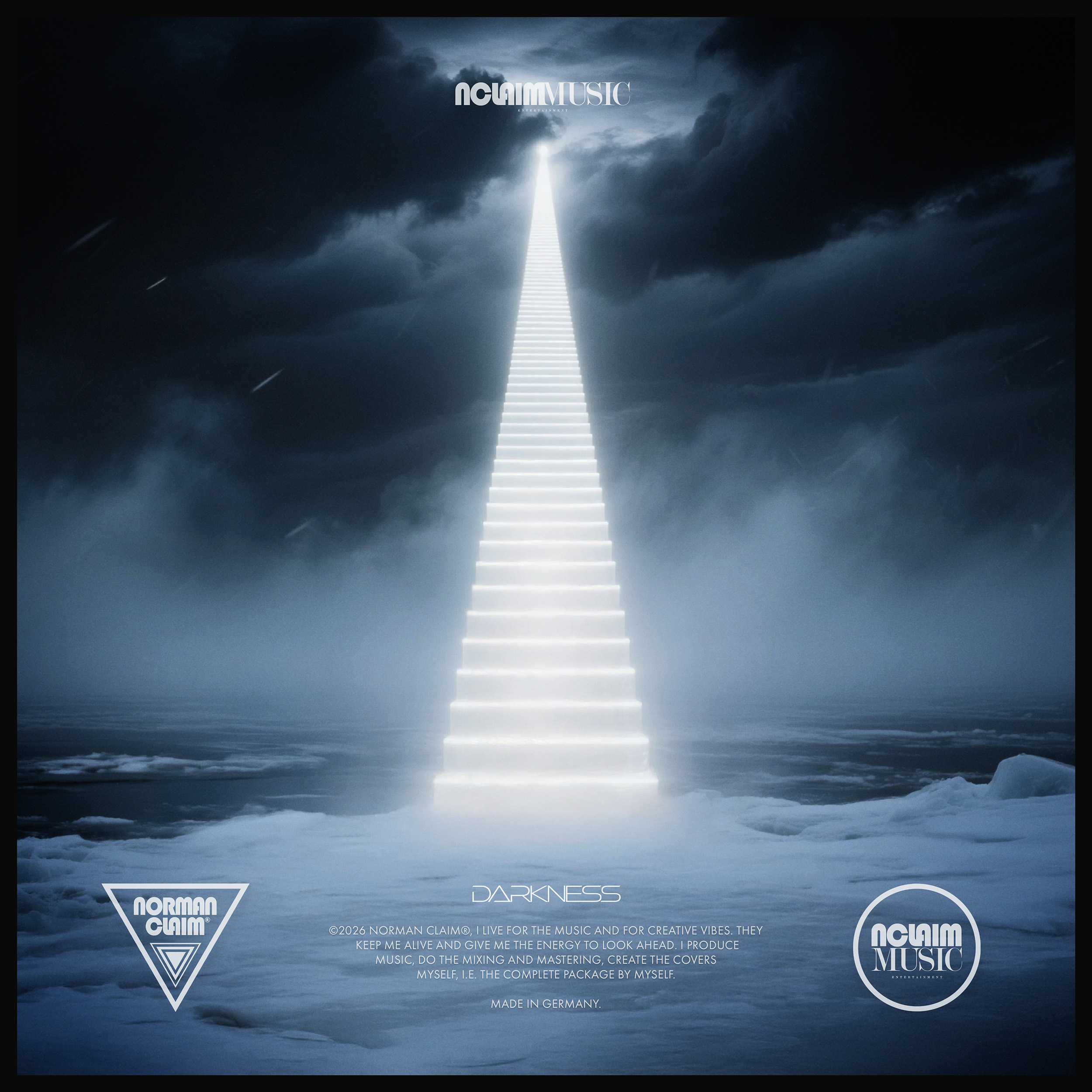 Cover Art (back) - A mystically glowing staircase rises into the dark, cloud-covered sky. Surrounded by a misty, icy landscape, it evokes a mysterious, surreal atmosphere – a symbol of ascension, transformation, and the magic between light and darkness.