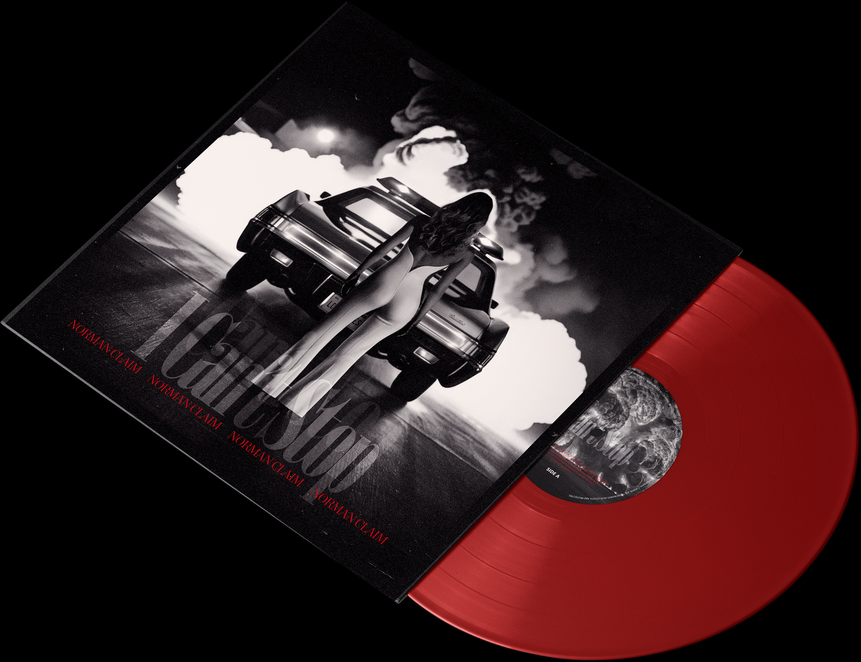 Cover Art (Vinyl Edition Red) - The cover art presents a woman behind a vehicle facing a massive explosion cloud, symbolizing resilience amid chaos and the fragile balance between destruction and beauty.