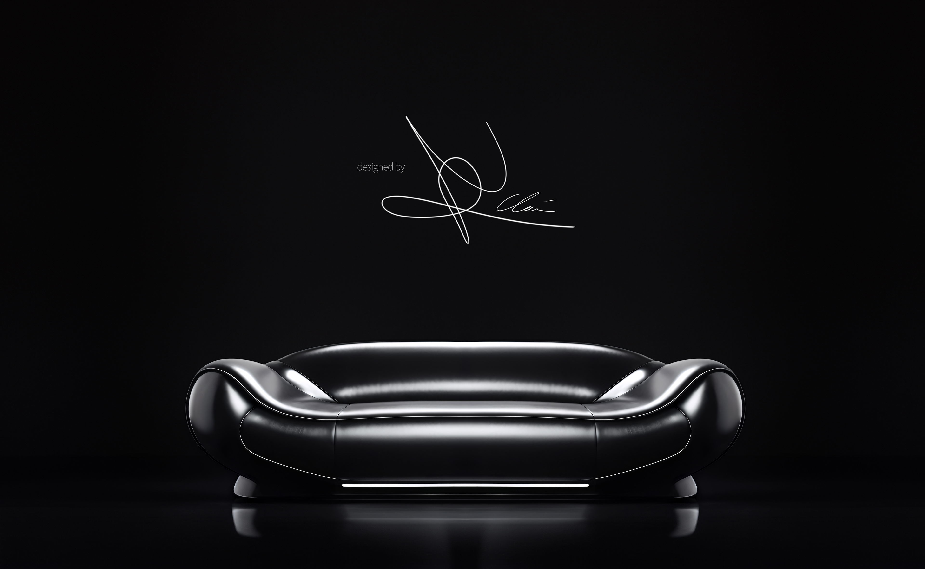 Set against a darkened background, the black leather designer sofa ‘AZREAL’ unfolds its elegant presence. Rounded, flowing lines and a subtle light strip along the lower edge emphasize the exclusive design signature of NORMAN CLAIM.
