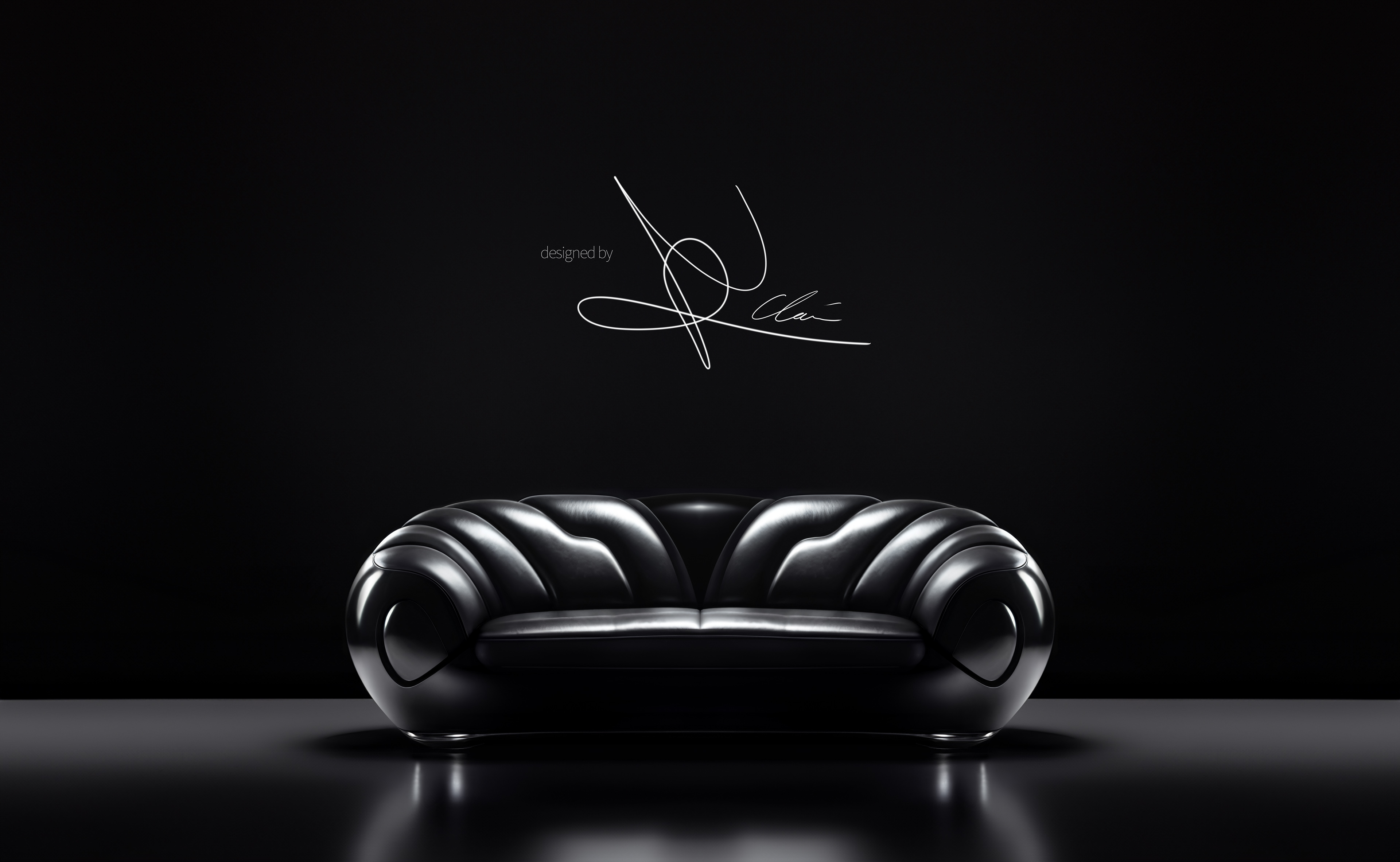 The black leather designer sofa ‘LUCIAR’ by NORMAN CLAIM is presented against a darkened background and features refined piano lacquer elements. A central triangular piano lacquer detail, rounded leather upholstery, flowing lines, and a lower frame with matching side elements highlight its exclusive, modern design.